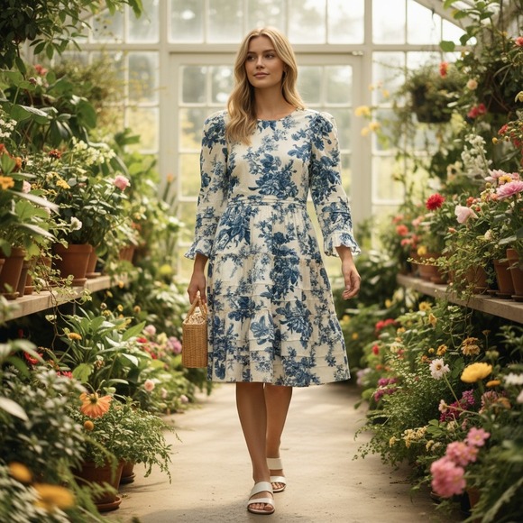 LoveShackFancy Dresses & Skirts - LoveShackFancy Blue Floral Toile Cotton Tiered‎ Ruffle Mini Dress Womens Size 0